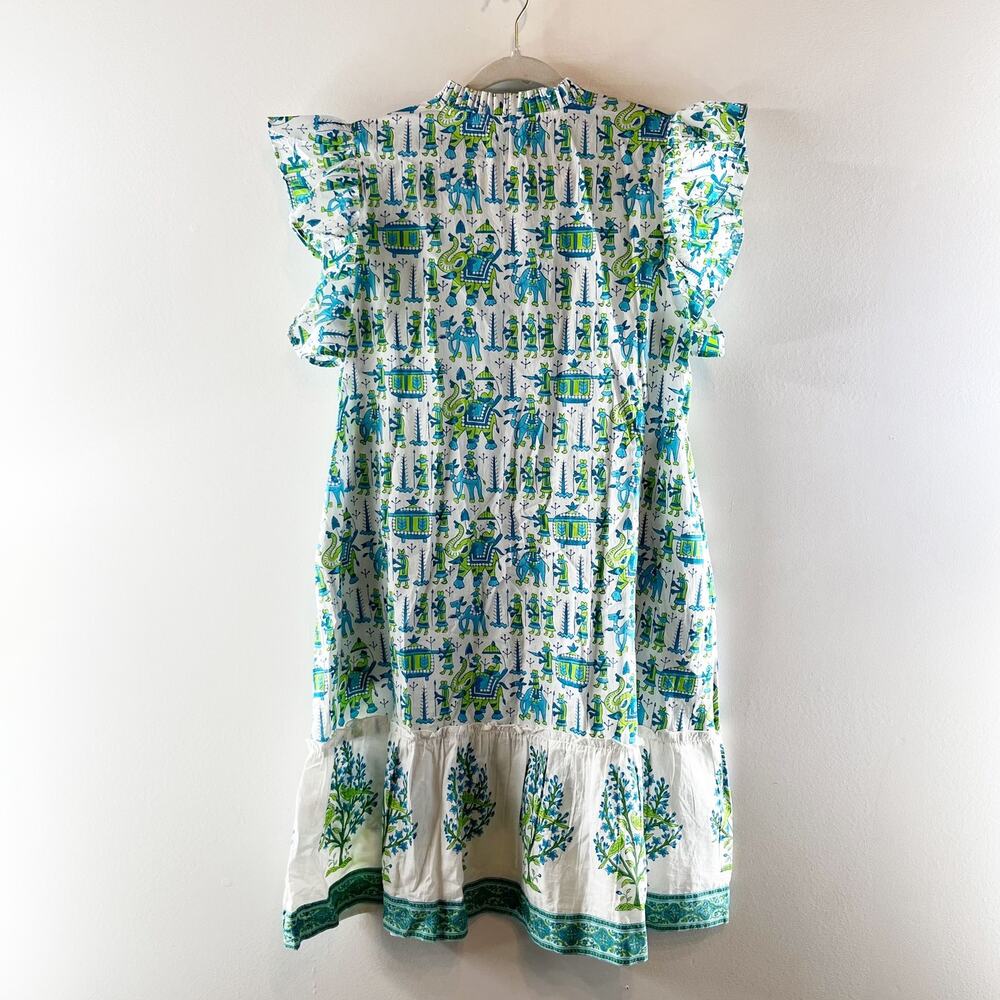 Islapayal Cotton Tunic Printed Ruffle Sleeve Mini Dress White Blue Green Medium - Picture 4 of 6